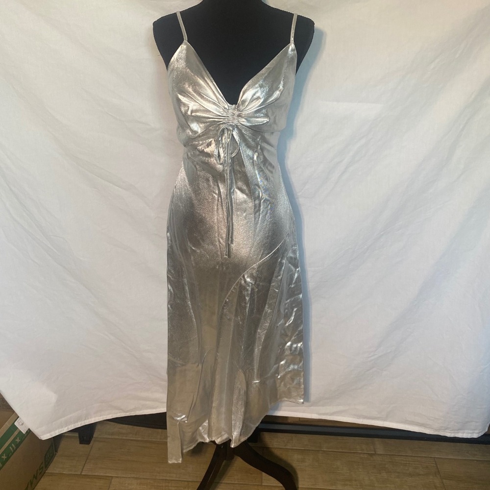 AllSaints Alexia Dress Metallic‎ Silver Asymmetric Midi Slip Dress US 0 NEW